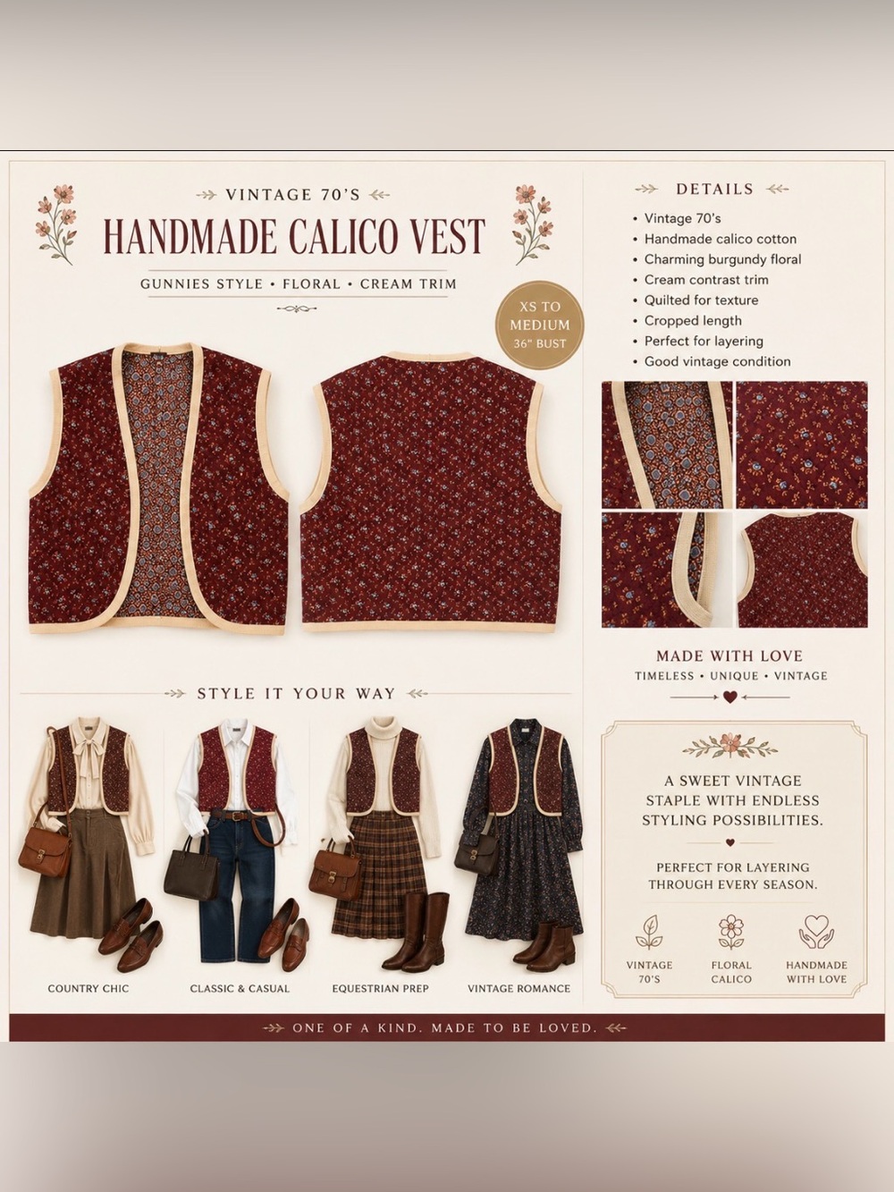 *Vintage- 70s - handmade calico burgundy -Gunnies style -Floral Vest Cream Trim